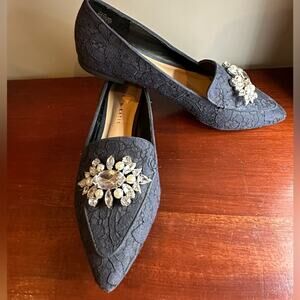 Kelly & Katie Lovelian Navy Blue Lace Loafer Pointed Tie Shoe Crystals 7.5